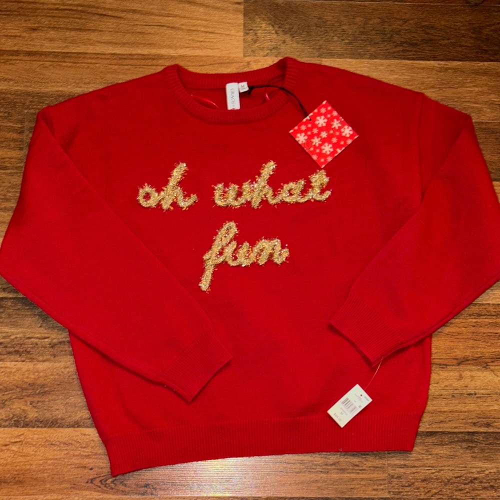 Red Crew Neck Sweater with Gold Text